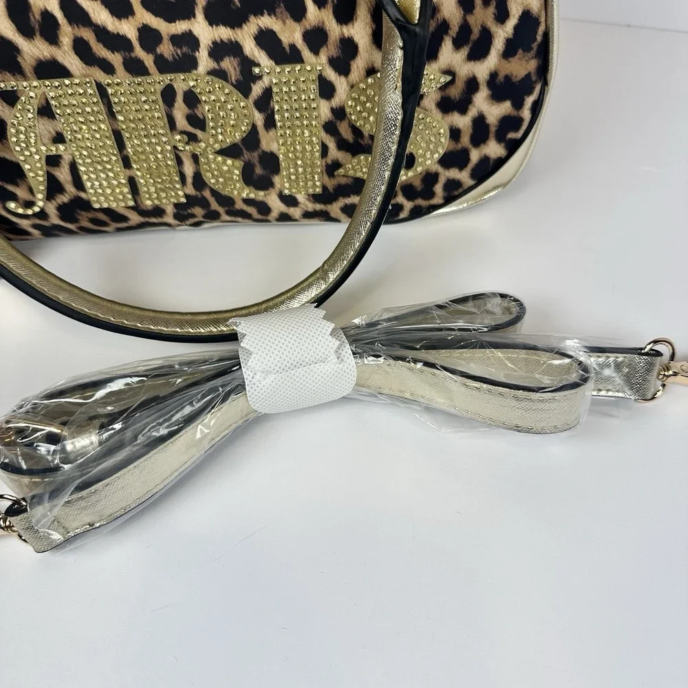 Paris Hilton Leopard Bowler Bag Rhinestone Logo Gold Heart Charm‎ Y2K